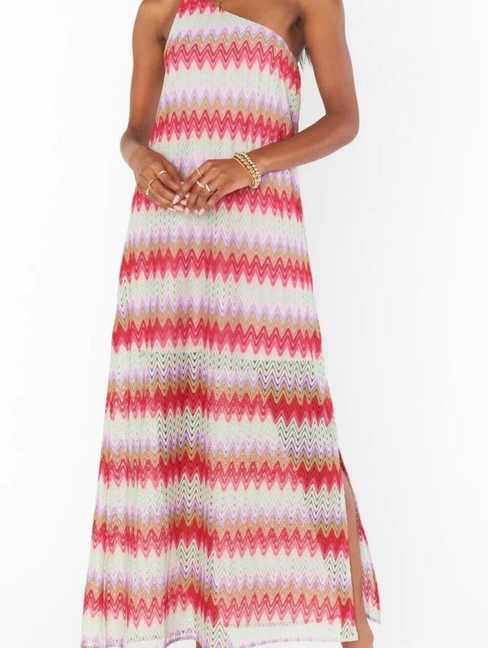 Show Me Your MuMu One Shoulder Chevron Maxi Dress Boho Resort Side Slit S